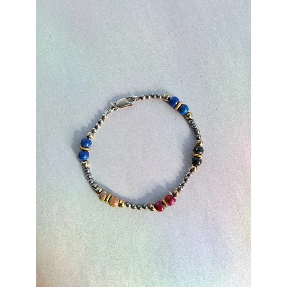 Milor Italy 925 Sterling Silver Multi Stone Beaded Bracelet Lapis Red Blue 7.25